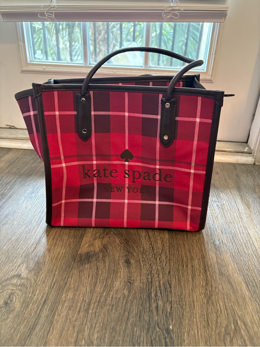 Kate Spade Red And Pink Plaid Tote With Black Trim